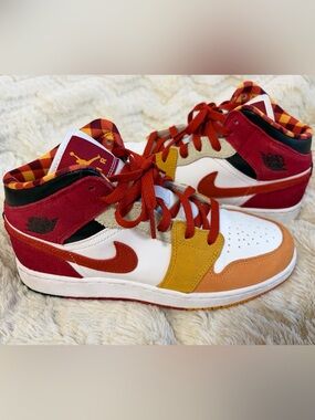 Nike Jordans Multi-Color Low-Top Sneakers in White, Red, Mustard & Tan